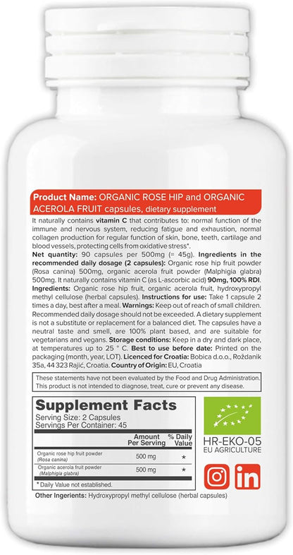 b Organic Rose HIPS Capsules & Acerola Vitamin C 1000mg - Plant Based Vitamin C Supplement Without Ascorbic Acid - Supports Overall Wellness - GMO-Free, Gluten-Free, 90 Vegan Capsules