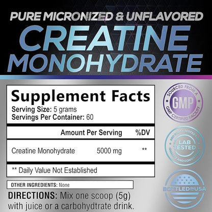 Creatine Powder 5000mg (5g) - Pure Micronized Creatine Monohydrate Supplement Unflavored, Keto Friendly - Creatine Nutritional Supports Muscle Growth & Strength, Vegan, Gluten-Free - 60 Servings