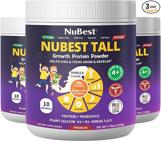 NuBest Tall Protein Powder for Kids & Teens - Vegan Vanilla Protein Powder Shake with Organic Red Algae Calcium, Probiotics, Omega 3-6-9, Vitamin D3 + K2 & Magnesium from Marine Algae - Pack 3
