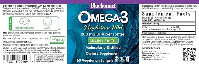 BlueBonnet Natural Omega-3 Vegetarian DHA Vegetarian Softgels, 200 mg, 60 Count ('743715009097)