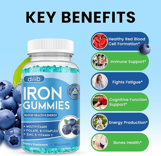 Iron Gummies with Multivitamin, Iron Supplement for Women & Men with Zinc, Vitamin B Complex & C, B12, Folate - Blood Builder & Energy Support for Adults & Kids - Blueberry Flavor, Vegan 60 Gummies