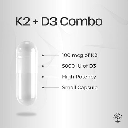 Vitamin D3 K2 Supplement, 5000 IU - Supports Immune and Cardiac Wellness, High Potency, Gluten Free, 60 Capsules