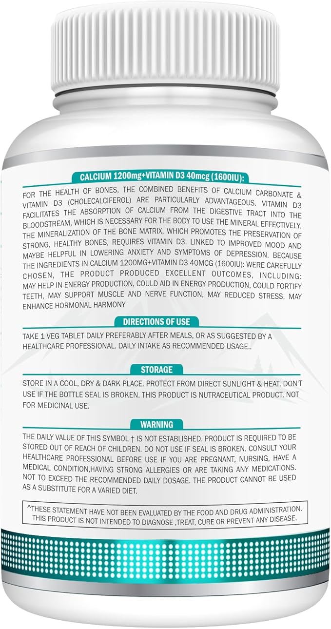 Calcium Carbonate 240 Tablets 1200mg | with Vitamin D3 1600IU| Dietary Tablets with Mineral and Vitamins Help in Bone Health, Muscle Health, Joints Health for Men & Women