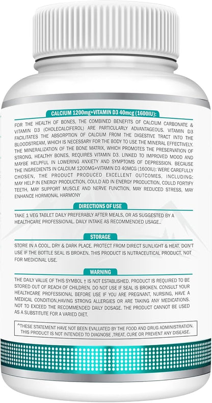 Calcium Carbonate 240 Tablets 1200mg | with Vitamin D3 1600IU| Dietary Tablets with Mineral and Vitamins Help in Bone Health, Muscle Health, Joints Health for Men & Women