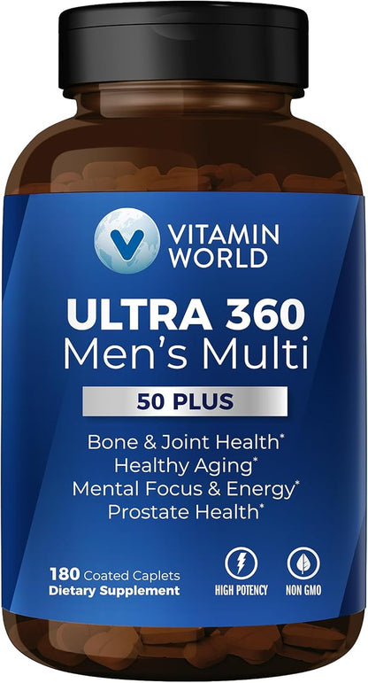 Vitamin World Ultra 360 Multivitamin for Men 50 Plus, Men's 50+ Multivitamin with Minerals & Herbs for Prostate Function, Supplement with Vitamin A, C, D, E & Zinc for Healthy Aging, 180 Caplets