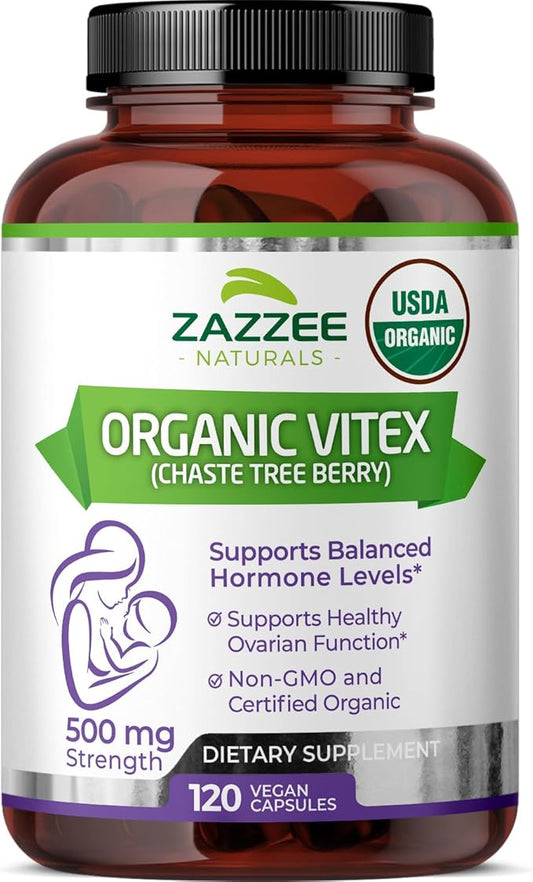 Zazzee USDA Organic Vitex, 500 mg Strength, 120 Vegan Capsules, 4 Month Supply, Standardized and Concentrated 4X Extract, Whole USDA Certified Organic Chaste Berry, All-Natural and Non-GMO