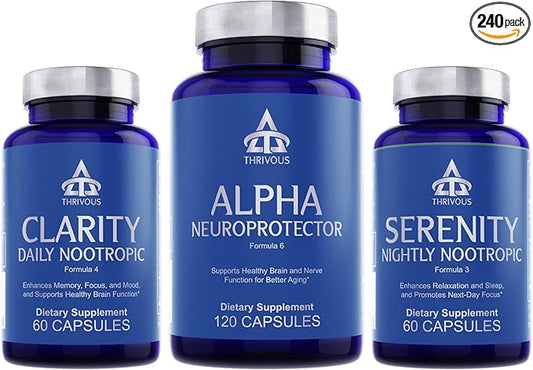 Thrivous Nootropic Stack - Enhance Memory, Sleep & Brain Function for Better Aging - Advanced Nootropic Supplement - Includes Clarity, Alpha & Serenity - 3 Bottles - 240 Capsules