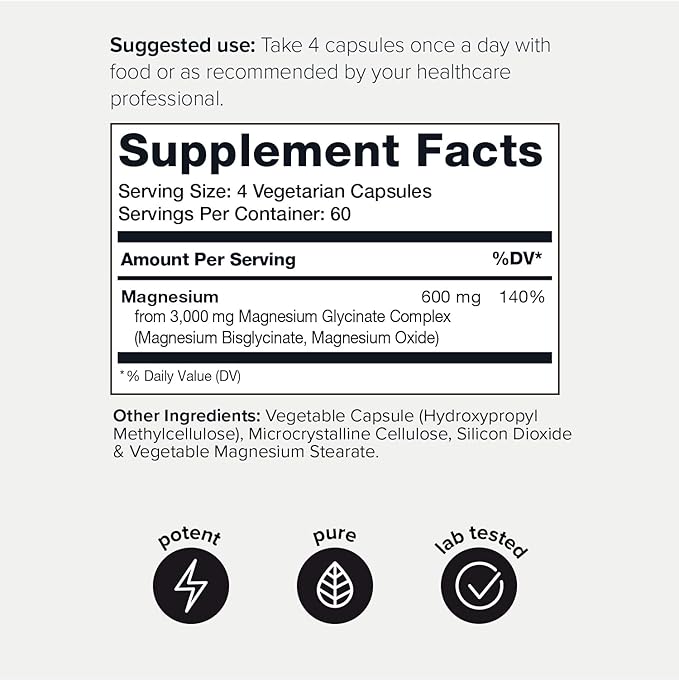 Toniiq 3,000mg Ultra High Strength Magnesium Glycinate - 20% Purified to Contain 600mg of Elemental Magnesium - Chelated and Bioavailable Magnesium Supplement - 240 Veggie Capsules