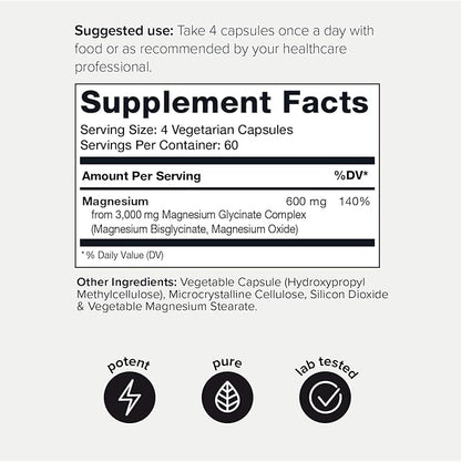 Toniiq 3,000mg Ultra High Strength Magnesium Glycinate - 20% Purified to Contain 600mg of Elemental Magnesium - Chelated and Bioavailable Magnesium Supplement - 240 Veggie Capsules