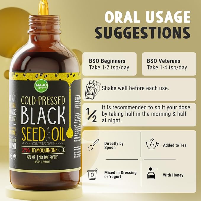 MAJU's Black Seed Oil 16oz: 3X Thymoquinone, Cold Pressed, 100% Turkish Black Cumin Nigella Sativa Seed Oil (Better Than Organic), Non-GMO, 100% Liquid Pure Blackseed Oil, Glass Bottle