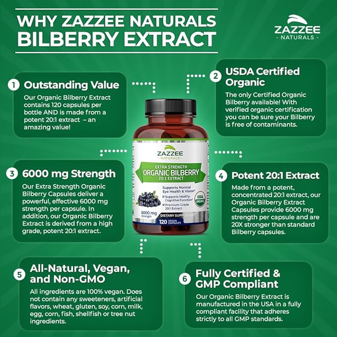 Zazzee USDA Organic Bilberry 20:1 Extract, 6000 mg Strength, 120 Vegan Capsules, 4 Month Supply, Standardized and Concentrated 20X Extract, 100% Vegetarian, All-Natural, Non-GMO, Made in The USA