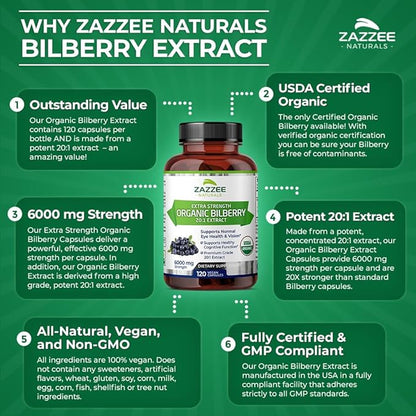 Zazzee USDA Organic Bilberry 20:1 Extract, 6000 mg Strength, 120 Vegan Capsules, 4 Month Supply, Standardized and Concentrated 20X Extract, 100% Vegetarian, All-Natural, Non-GMO, Made in The USA