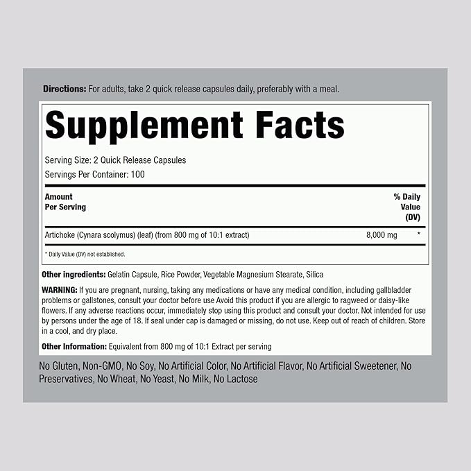Piping Rock Artichoke Leaf Extract Supplement | 8000mg | 200 Capsules | Non-GMO & Gluten Free