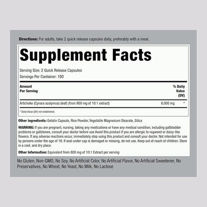Piping Rock Artichoke Leaf Extract Supplement | 8000mg | 200 Capsules | Non-GMO & Gluten Free