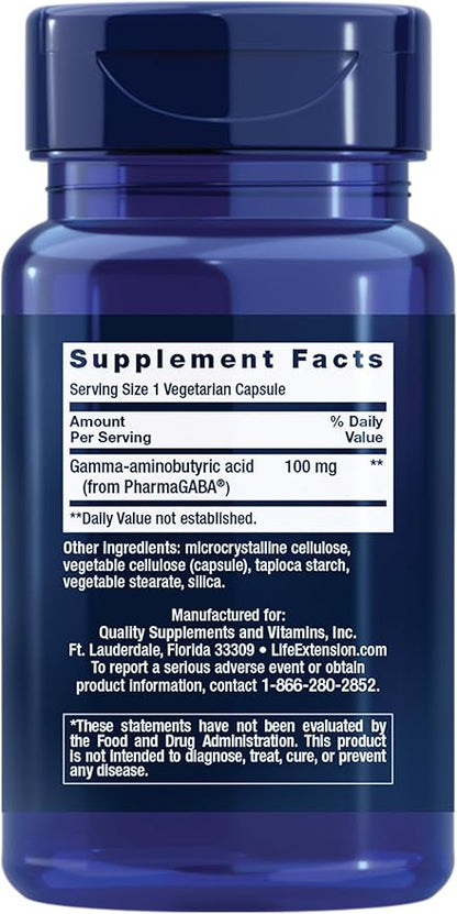 Life Extension GABA, Stress Support, GABA Supplement, Mood Support, Sleep, Relaxation, Gluten-Free, Non-GMO, Vegetarian, 60 Capsules