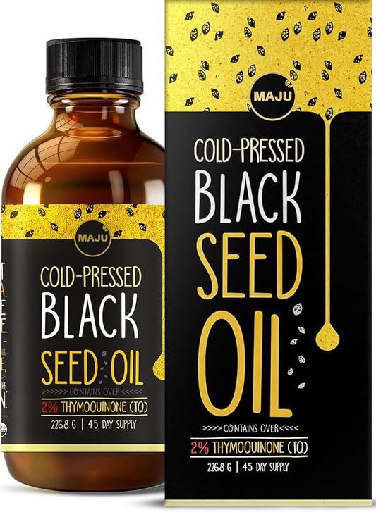 MAJU Black Seed Oil - 3 Times Thymoquinone, Cold-Pressed, 100% Turkish Black Cumin Seed Oil, Liquid Pure Blackseed Oil, Glass Bottle, 8 oz