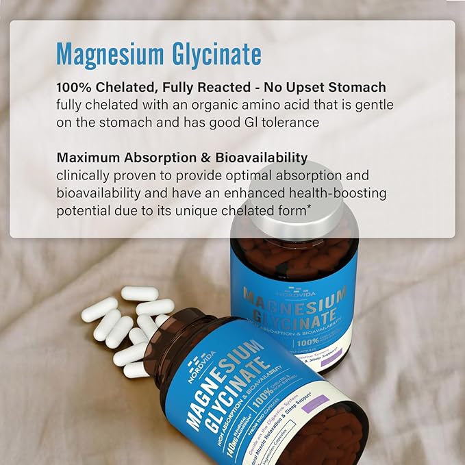 Magnesium Glycinate, 140 mg Elemental Magnesium Per Serving, Non Buffered, Max Absorption, Muscle Function, Nerve Health & Relaxation Support, 120 Vegetarian Caps