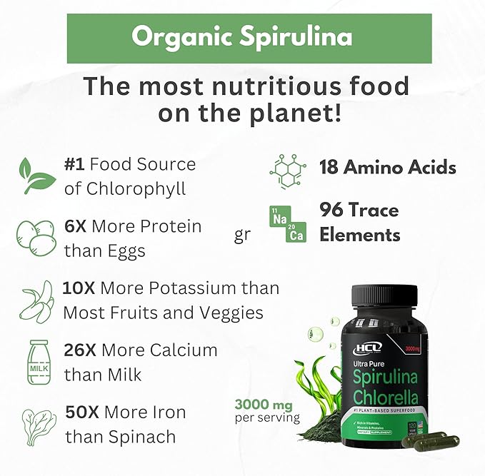Chlorella Spirulina Powder Capsules Organic 3000 mg of BMAA Free Purest Blue Green Algae - Best Natural Detox Raw Vegan Vitamins Protein Green Superfood - Made in USA