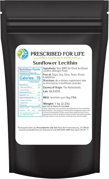 Prescribed For Life Sunflower Lecithin Powder, Unbleached, Gluten Free, Vegan, Non GMO, Soy Free, Kosher, Naturally Rich in Choline & Essential Fatty Acids (1kg / 2.2lb)