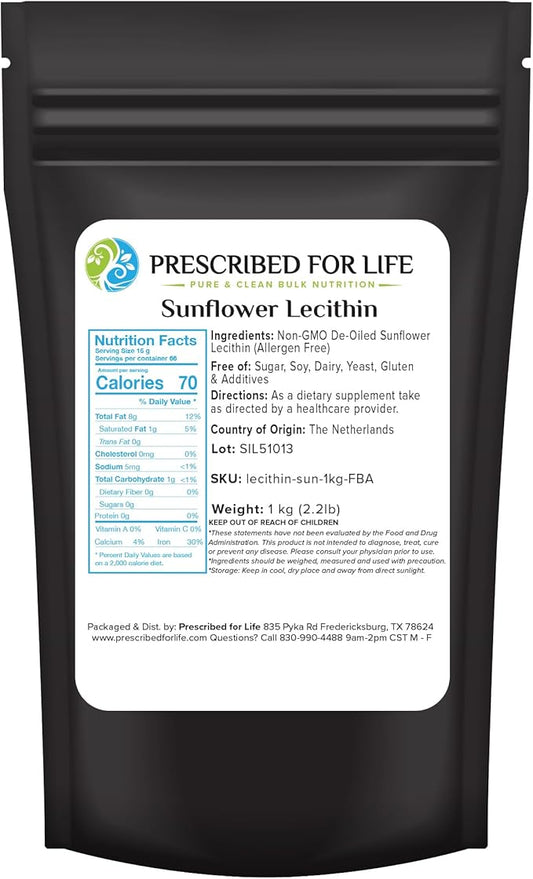 Prescribed For Life Sunflower Lecithin Powder, Unbleached, Gluten Free, Vegan, Non GMO, Soy Free, Kosher, Naturally Rich in Choline & Essential Fatty Acids (1kg / 2.2lb)