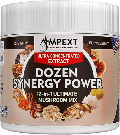 12-in-1 Dozen Synergy Power: Premium Complex of 12 Carefully Selected Fruiting Body Mushroom Extracts, Supporting Immunity, Cognitive & Cardiovascular Functions