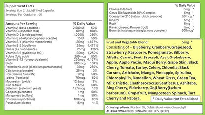 120 Multivitamin Fruit and Vegetable Liquid Capsules, Loaded Multivitamins, Supplements, Multiple Vitamin has Many Antioxidants, Daily Women Men Senior Adult Multi Vitamins