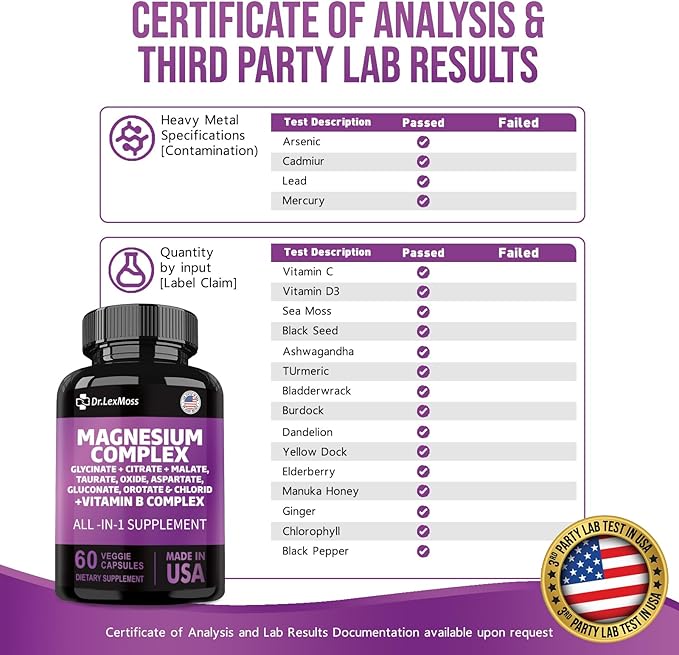 Magnesium Complex 2285mg with Magnesium Glycinate Citrate Malate Oxide Taurate Aspartate Gluconate Orotate & Mag Chloride, Zinc Copper Manganese & Vitamin C B1 B2 B6 B12 Complex - 60 Count USA