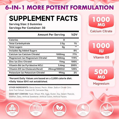 2 Pack Calcium Citrate Gummies 1000mg w/Vitamin D3, High Absorption Calcium Gummies for Women & Men, Plus Magnesium, Potassium, Zinc for Muscle & Immune, Raspberry Flavor, 120 Count