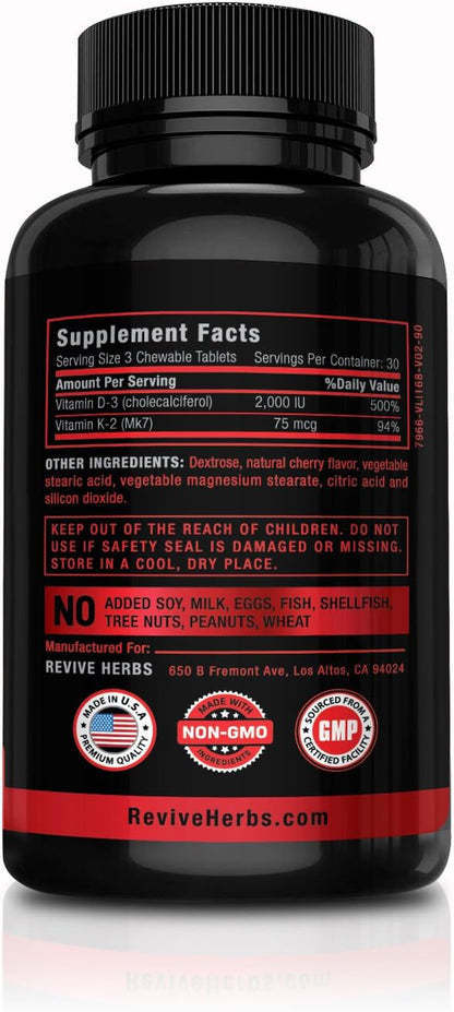 Vitamin K2 D3 - Cherry Flavored Chewable Tablets for Superior Calcium Absorption - Supports Bone & Cardiovascular Health - Serving Size K2 mk7 225 mcg, D3 6000 IU - Vitamin D3 K2