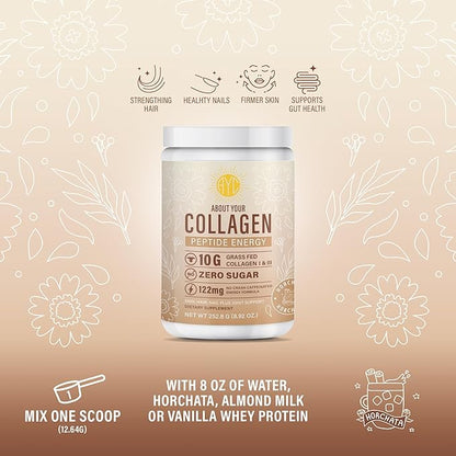 Peptide Energy Collagen Powder Hair, Nail, Skin, Type I & III,Caffeine for Energy, Vitamin C, Biotin, Hyaluronic Acid, Zero Sugar – 8.92 oz (Horchata)