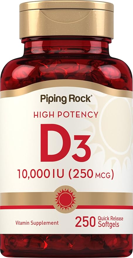 Piping Rock Vitamin D3 10000 IU | 250 Softgels | High Potency | Non-GMO, Gluten Free Supplement
