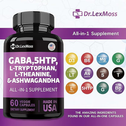 GABA 5 HTP L Tryptophan L Theanine Ashwagandha SAM-e L-Glycine Mood Support Vitamins for Women and Men with L-Tyrosine Made in USA 60 Count