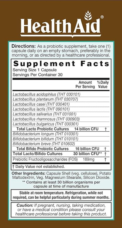 AdultsProbio 30 Billion, 10 Strains, Once Daily, 30ct, 30 Billion with Prebiotic, Acid & Bile Resistant Strains, Dairy & Gluten Free, Vegan