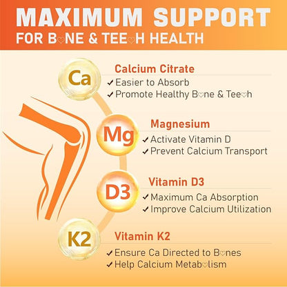 Calcium Citrate 1000 mg Supplement Gummies - Chelated Calcium Gummies Plus Vitamin D3, K2, B6, B12, Magnesium, Zinc, Boron, Selenium & Omega-3 - Support B0ne Muscle Immune for Adults 60 Count