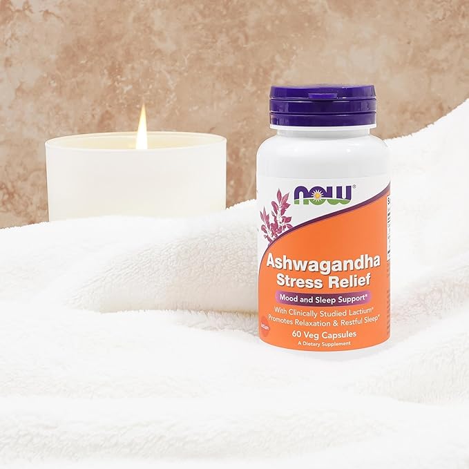 NOW Foods Supplements, Ashwagandha Stress Relief, Mood and Sleep Support*, with clinically Studied Lactium®, Promotes Relaxation and restful Sleep*, 60 Veg Capsules