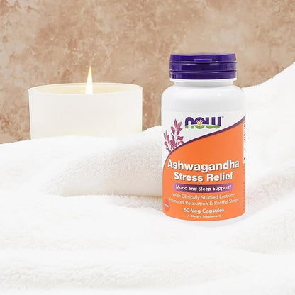 NOW Foods Supplements, Ashwagandha Stress Relief, Mood and Sleep Support*, with clinically Studied Lactium®, Promotes Relaxation and restful Sleep*, 60 Veg Capsules