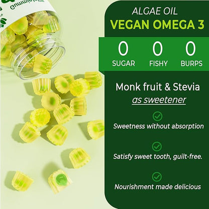 Vegan Omega 3 Supplement Gummies 1000mg for Women & Men, Omega 3 Fish Oil Alternative w/CoQ10, Astaxanthin, Vitamin A, E, D3 for Brain, Eye, Antioxidant -Algae DHA 640mg & EPA 290mg, Sugar Free 2Packs