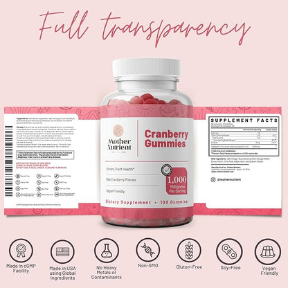 Mother Nutrient Cranberry Gummies Supplement for Women & Kids- Urinary Tract Health- Less Tart & 90% Less Sweet, Gluten-Free, Non-GMO, Vegan - Pure Cranberry Extract 1000mg - 100 Count.