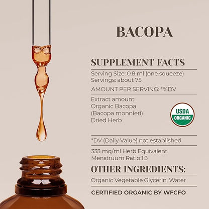 Bacopa USDA Organic | Alcohol-Free Extract, Organic Herbal Drops, Supplement, Relaxation, Positive Cognitive Effect | Tincture Made from 100% Organic Bacopa (Bacopa Monnieri) Dried Herb 2 oz