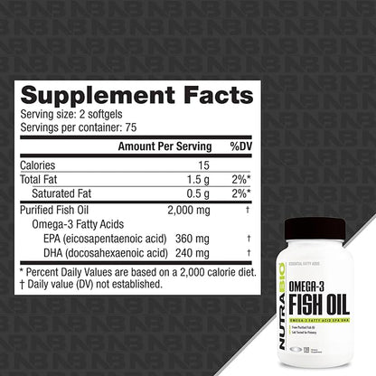 NutraBio Omega 3 Fish Oil Supplements, 2,000mg, 150 Softgels - EPA DHA Omega 3 Fatty Acid Supplement to Help Support a Healthy Heart
