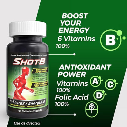 Shot B Multivitamin Complex, B-Energy, Vitamin B Complex with Antioxidant Support, B Complex Vitamins with A, C, D, E & Folic Acid for Cellular Energy & Immune Health - 6 Key B Vitamins, 60 Count