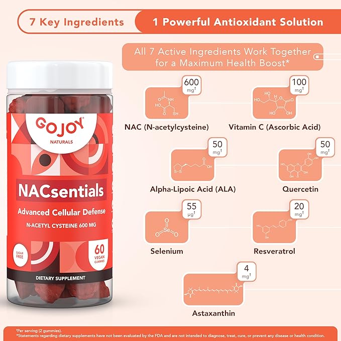 GOJOY NACsentials Sugar-Free NAC Gummies – 600mg N-Acetyl Cysteine with Vitamin C, ALA, Quercetin & Astaxanthin – Antioxidant & Liver Detox Support – Vegan & Keto-Friendly – 60 Gummies