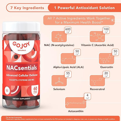 GOJOY NACsentials Sugar-Free NAC Gummies – 600mg N-Acetyl Cysteine with Vitamin C, ALA, Quercetin & Astaxanthin – Antioxidant & Liver Detox Support – Vegan & Keto-Friendly – 60 Gummies