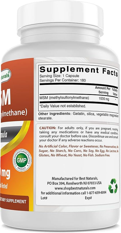 Best Naturals MSM 1000 mg 180 Capsules (180 Count (Pack of 3))