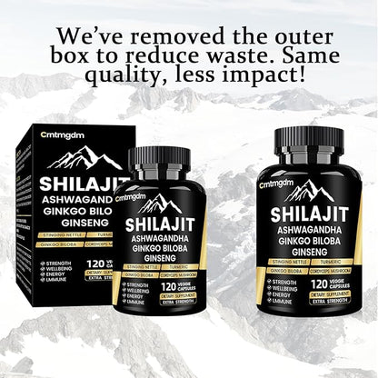 Shilajit Capsules - 20,000mg Pure Himalayan Organic Shilajit for Men & Women with Ashwagandha, Supports Vitality and Wellness, Premium Shilajit Pure Himalayan Supplement, 120 Capsules