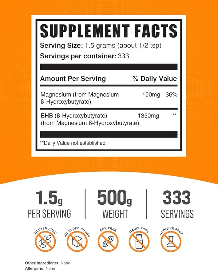 BulkSupplements.com Magnesium BHB Powder - BHB Salts, Beta-HydroxyButyrate Powder - Unflavored & Gluten Free, 1.5g per Serving, 500g (1.1 lbs) (Pack of 1)