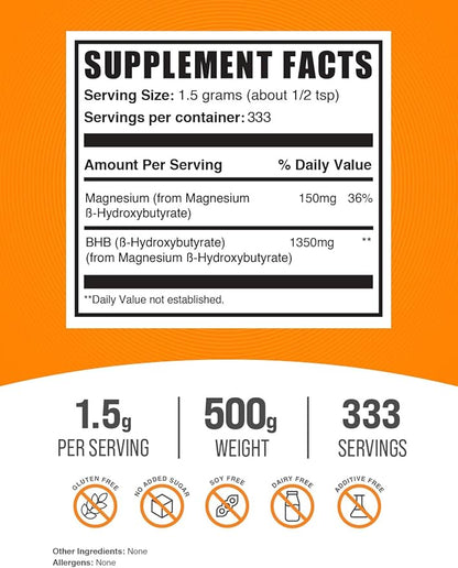 BulkSupplements.com Magnesium BHB Powder - BHB Salts, Beta-HydroxyButyrate Powder - Unflavored & Gluten Free, 1.5g per Serving, 500g (1.1 lbs) (Pack of 1)