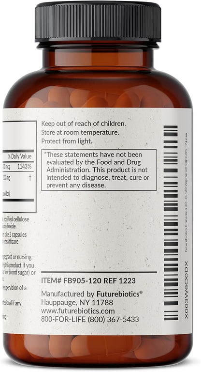 Futurebiotics Cinnamon Plus Chromium Picolinate Supplement, High Potency Chromium, Non-GMO, 120 Vegetarian Capsules