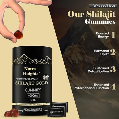 Himalayan Shilajit Gummies Gold – No Added Sugar – Ashwagandha, Gokshura, Fulvic Acid & 85+ Trace Minerals – Natural Supplement for Men & Women – 70 Vegan Gummies – Non-GMO & Organic