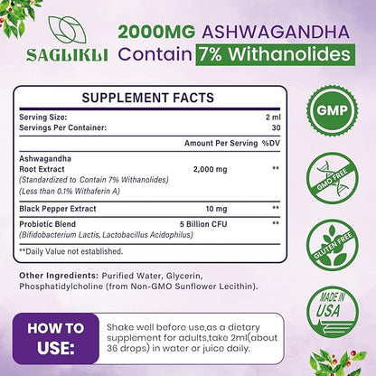 Liposomal Ashwagandha Liquid Drops 2000mg, Ashwagandha Root Extract Supplement (7% Withanolides) with Black Pepper Extract & Probiotics for Focus, Cognition & Energy - 2 FL.OZ (1 Bottle)